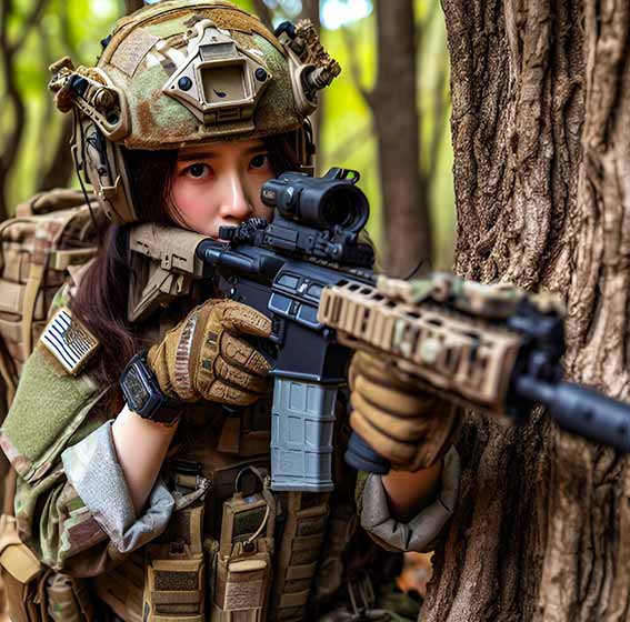 Joueuse de paintball cachée derrière un arbre, en train de viser