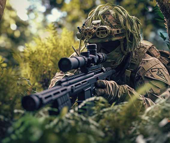 Joueur de airsoft allongé et camouflé